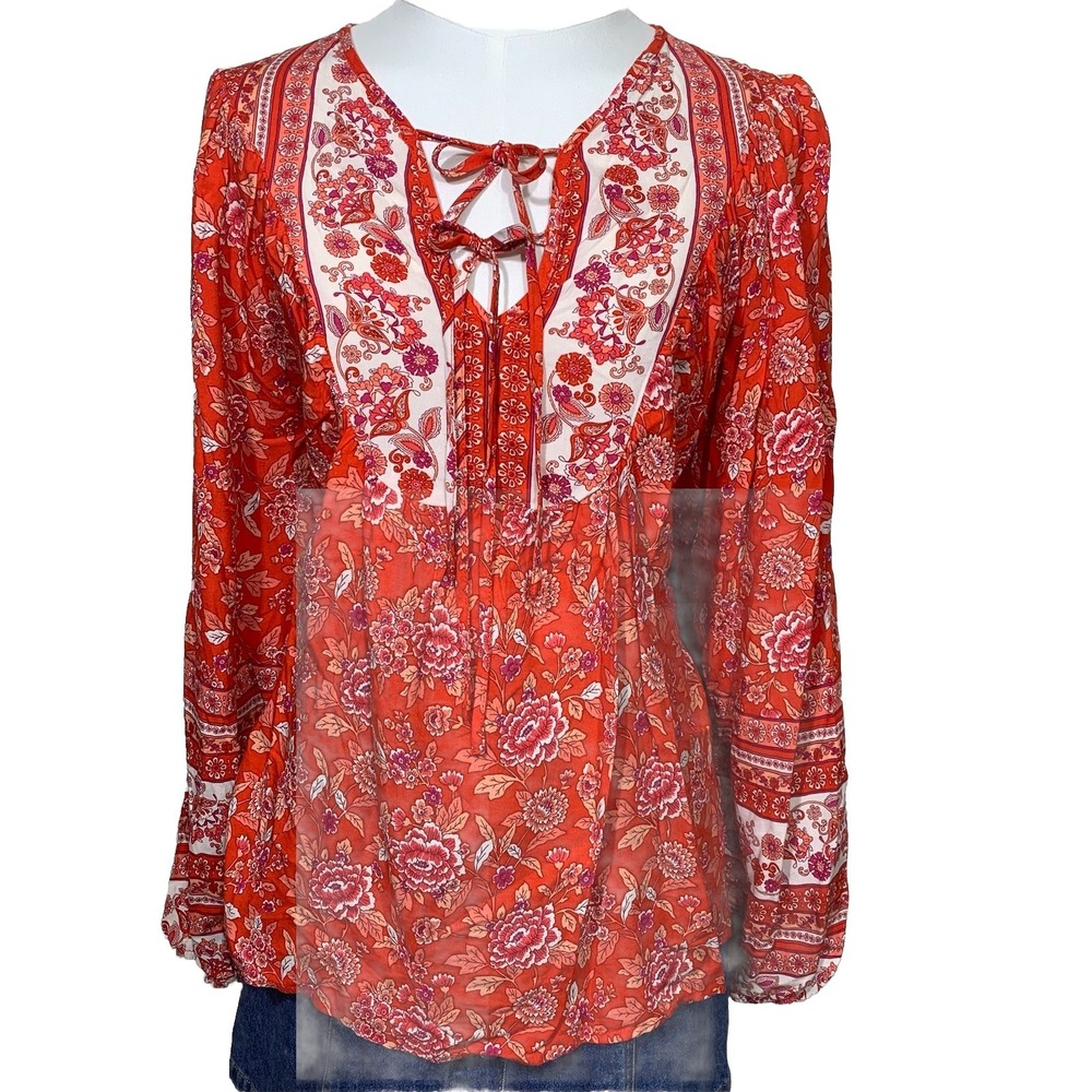 ePretty Chicago Boho‎ Floral Long Sleeve Blouse Size M Red Pink 100% Viscose